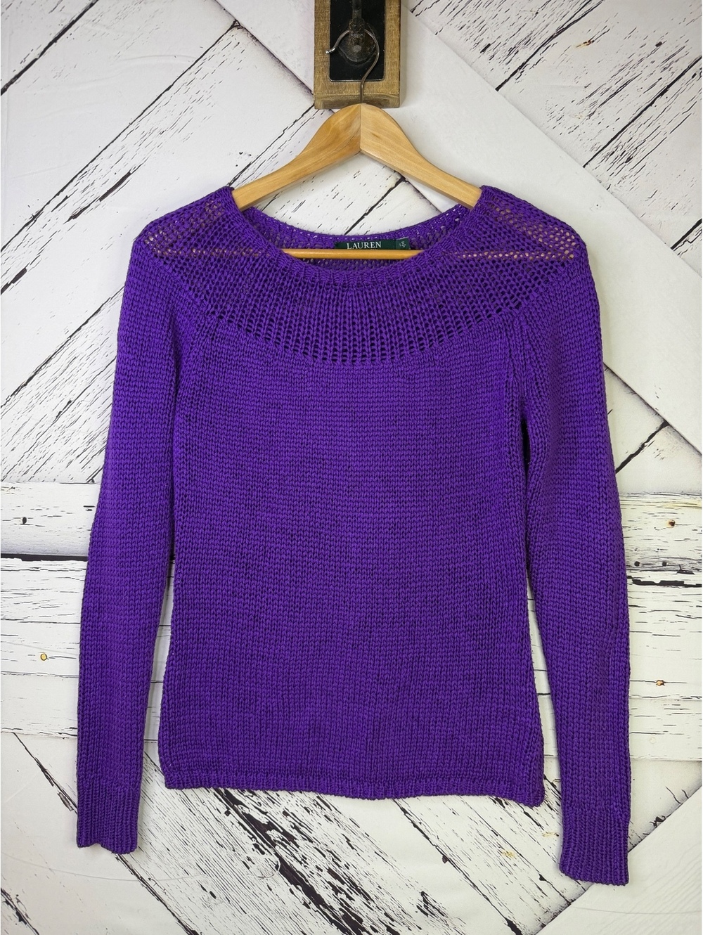 Lauren Ralph Lauren Vibrant Purple Open Weave Knit Crewneck Sweater Women S